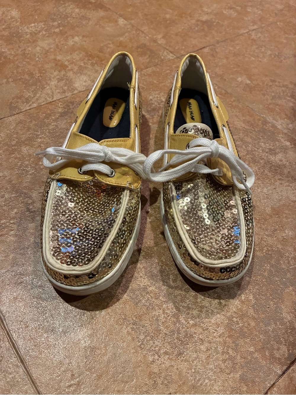 Sequined Gold Boat Flats with White Laces - Womens